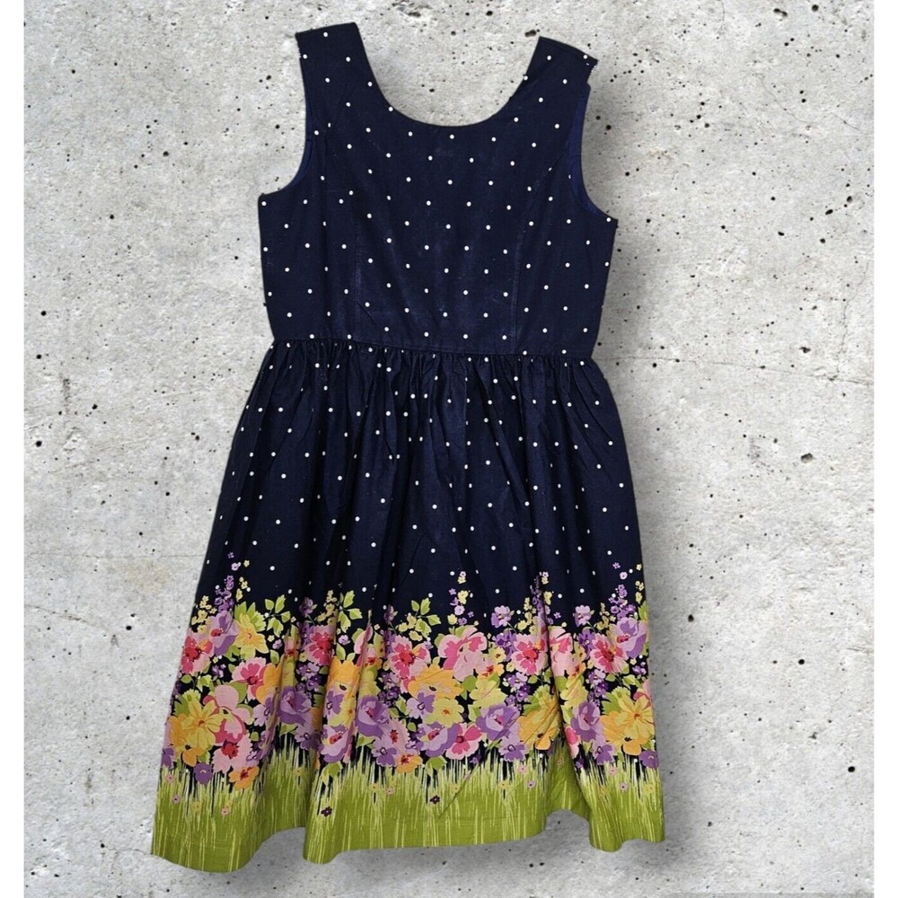 Bonnie Jean Girls Dress Crew Neck Sleeveless Navy Blue White Polka Dots Size 16